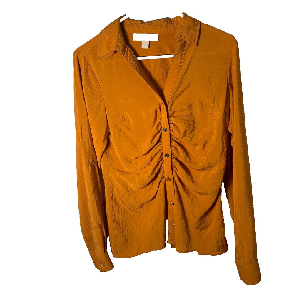 Michael Kors Shirt Women's Small Button Up Ruched Collared Long Sleeve Top